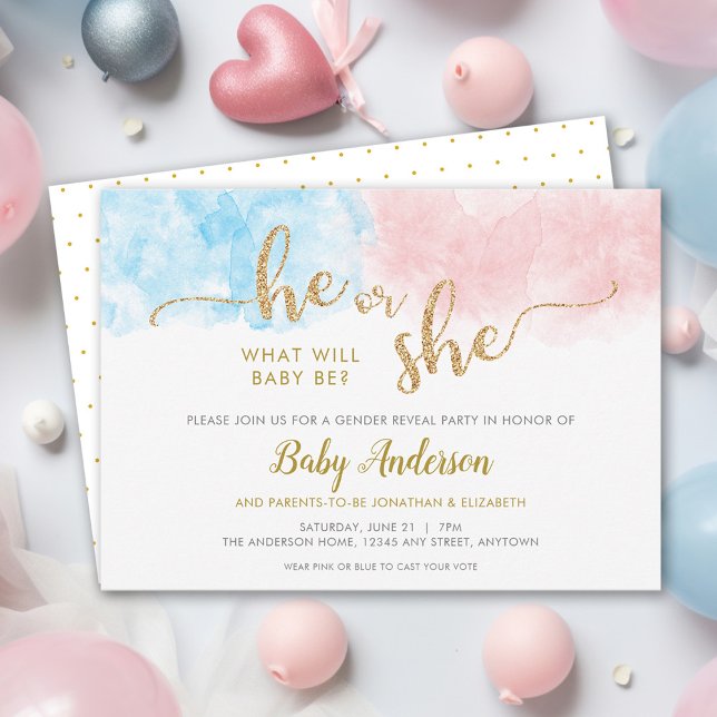 Pink or Blue Gold Glitter Gender Reveal Invitation (Creator Uploaded)