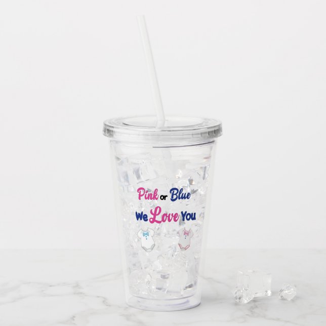 Pink or Blue Layette Custom Gender Reveal Acrylic Tumbler (Front Ice)