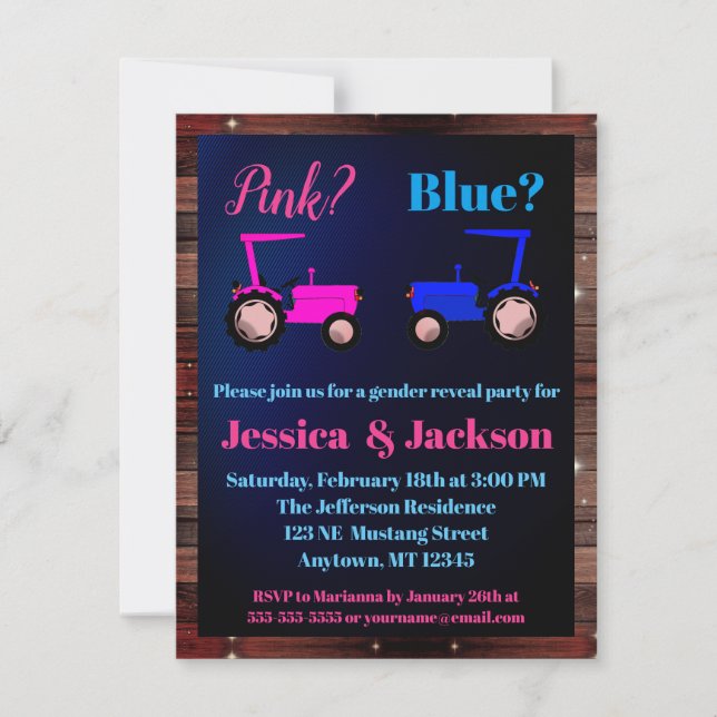 "Pink or Blue" Tractors Farm Style Gender Reveal Invitation (Front)