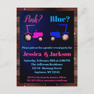 "Pink or Blue" Tractors Farm Style Gender Reveal Invitation