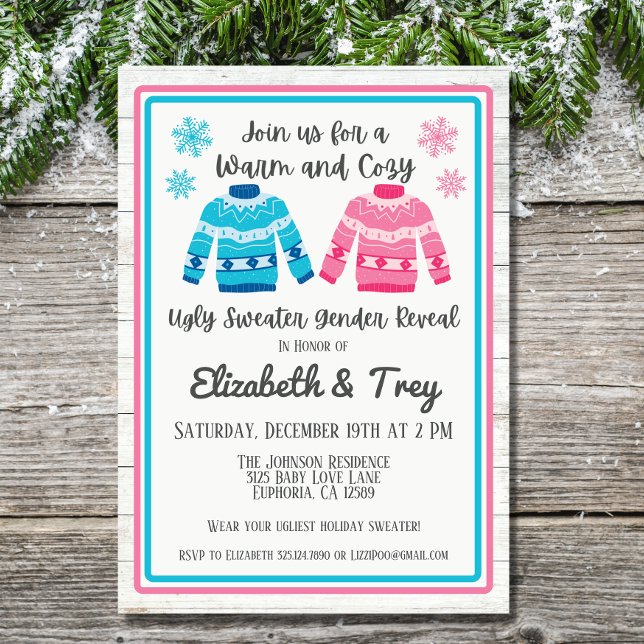Pink or Blue Ugly Sweater Christmas Gender Reveal Invitation (The perfect winter gender reveal!  The ugly sweater invitations are sure to make your party festive)