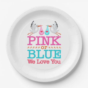 Pink or Blue We Love You Gender Reveal Stork Paper Plate