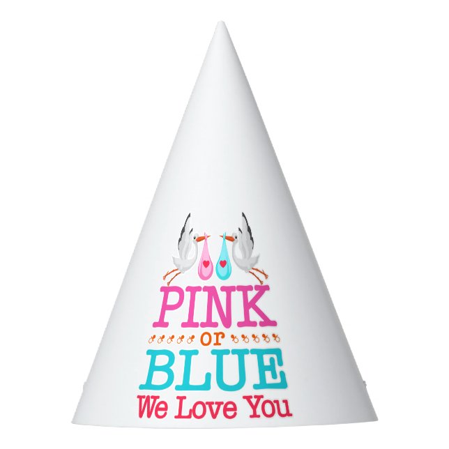 Pink or Blue We Love You Gender Reveal Stork Party Hat (Front)