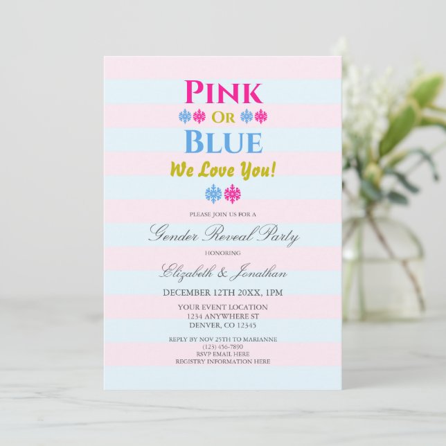 Pink Or Blue We Love You Snowflake Gender Reveal Invitation (Standing Front)