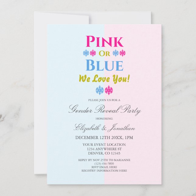 Pink Or Blue We Love You Snowflake Gender Reveal Invitation (Front)