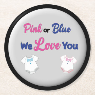 Pink or Blue We Love You with Layette Bodysuits  Round Paper Coaster