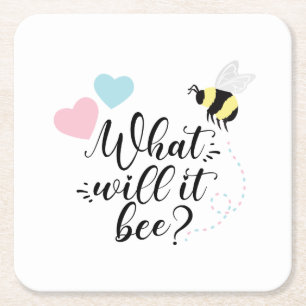 Pink or Blue What Will It Bee Gender Reveal Square Paper Coaster