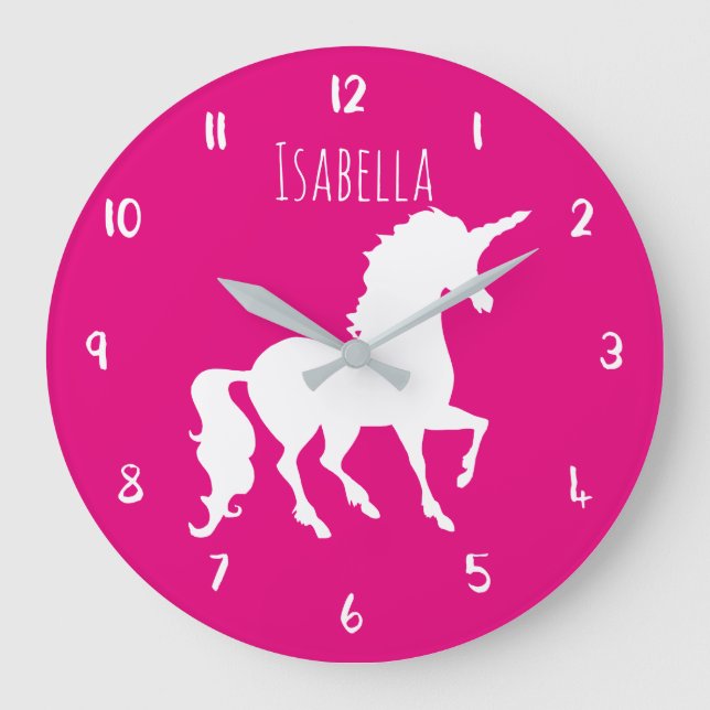 Pink or Custom Colour Unicorn Personalised Kids Large Clock (Front)