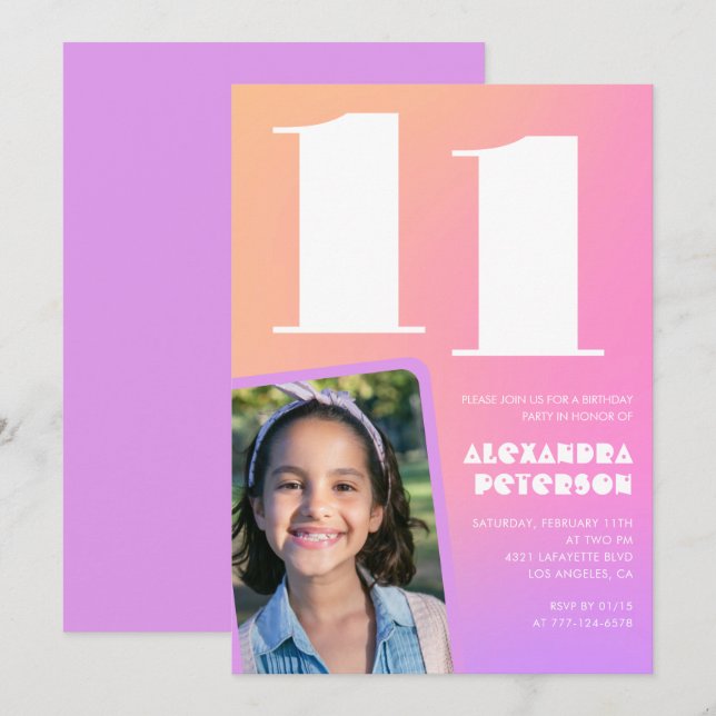 Pink Orange 11th birthday invitations Retro (Front/Back)