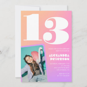 Pink Orange 13th birthday invitations Retro