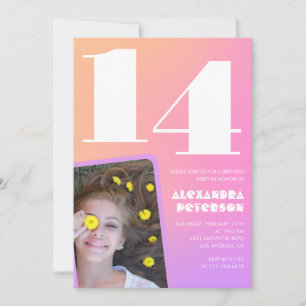 Pink Orange 14th birthday invitations Retro