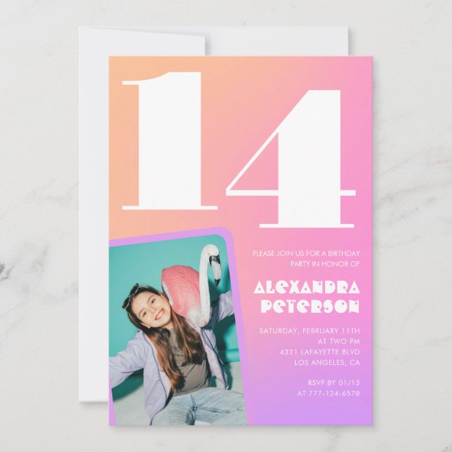 Pink Orange 14th birthday invitations Retro (Front)