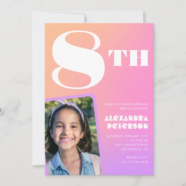 Pink Orange 8th birthday invitations Girl Photo (Front)