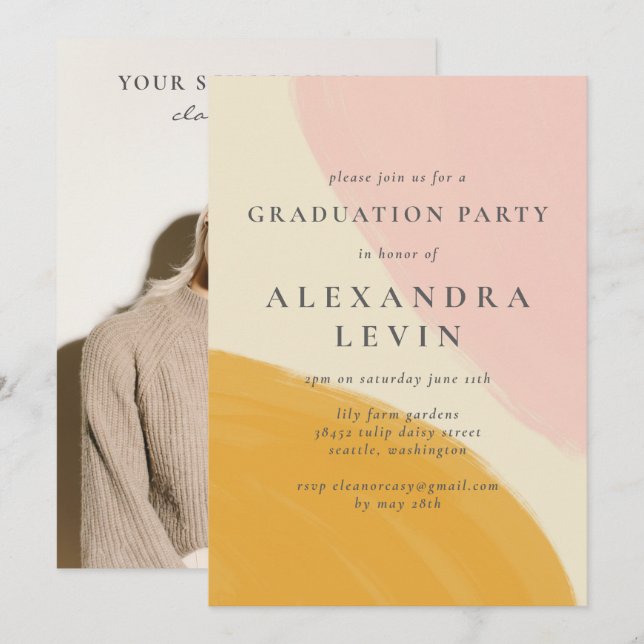 Pink Orange Abstract Watercolor Photo Graduation  Invitation (Front/Back)