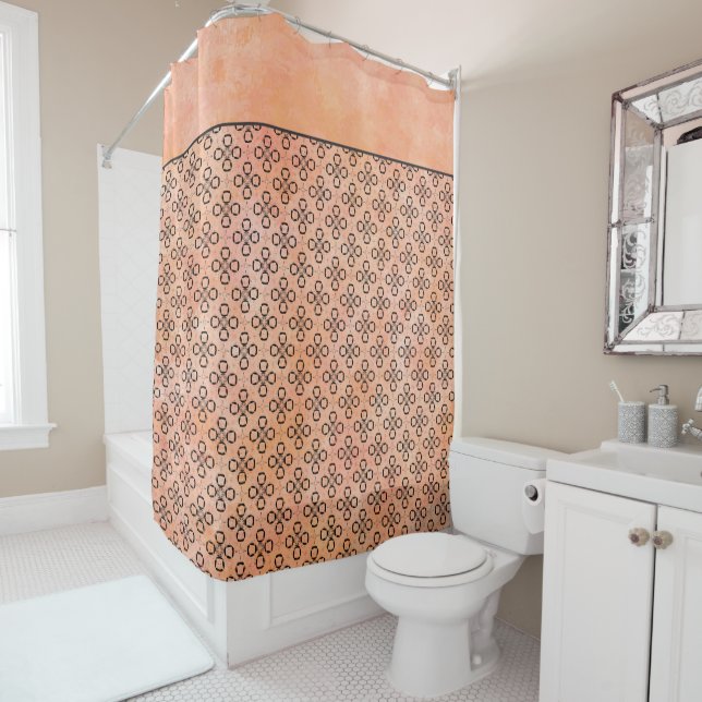 Pink, Orange, and Black Retro Pattern Shower Curtain (In Situ)