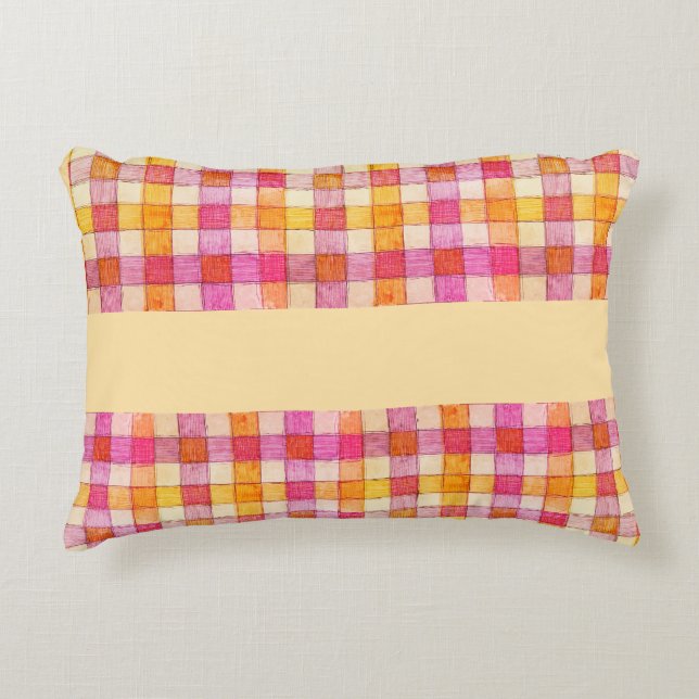 Pink orange and cream gingham accent pillow (Front)