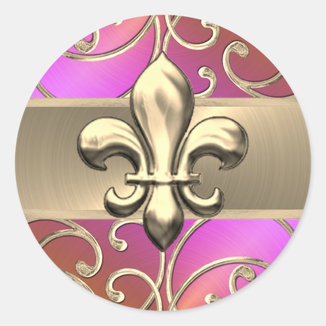Pink Orange and Gold Filigree Swirls Fleur de Lis Classic Round Sticker (Front)