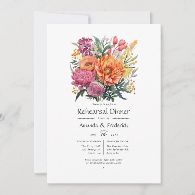 Pink, Orange and Green Floral Rehearsal Dinner Invitation (Front)
