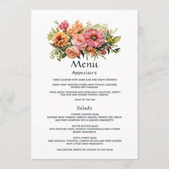 Pink, Orange and Green Floral Wedding Menu (Front)
