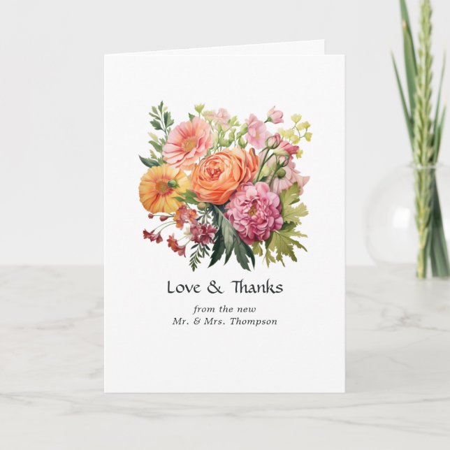 Pink, Orange and Green Floral Wedding Thank You Card (Front)