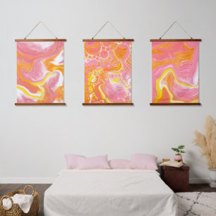 Pink, Orange and White Marble Fluid Art Hanging Tapestry