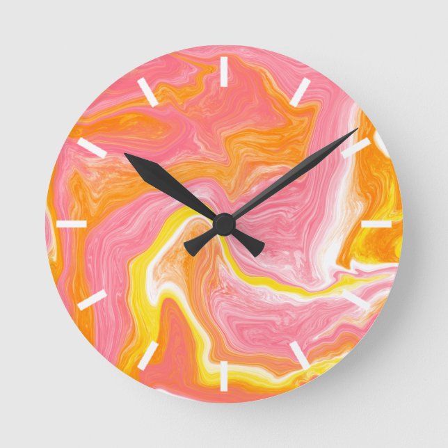 Pink, Orange and Yellow Marble Art Round Clock (Front)