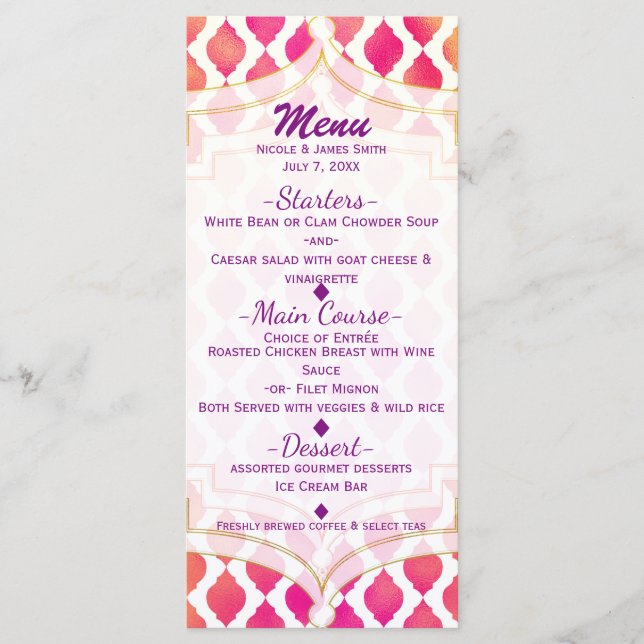 Pink & Orange Arabian Moroccan Glam Party Menu (Front)