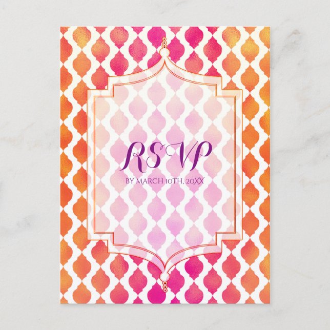 Pink & Orange Arabian Moroccan Party RSVP Invitation Postcard (Front)