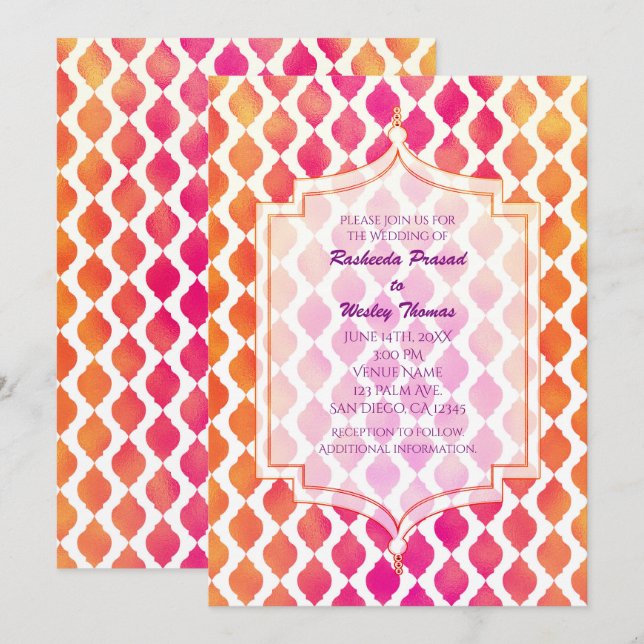 Pink & Orange Arabian Moroccan Wedding Invitations (Front/Back)