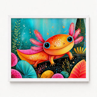 Pink Orange Axolotl Floral Painting Poster