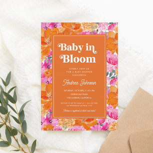 Pink Orange Baby in Bloom Floral Retro Baby Shower Invitation
