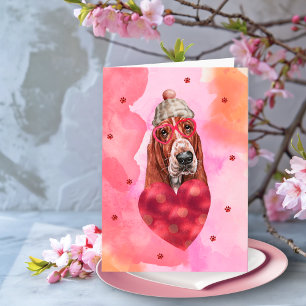 Pink Orange Basset Hound Valentine's Day Gift Dog Card