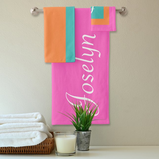 Pink Orange& Blue Colour Blocks Monogrammed Name Bath Towel Set (Creator Uploaded)