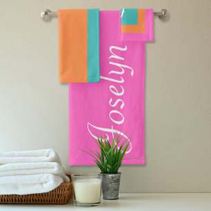 Pink Orange& Blue Colour Blocks Monogrammed Name Bath Towel Set