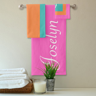 Pink Orange& Blue Colour Blocks Monogrammed Name Bath Towel Set