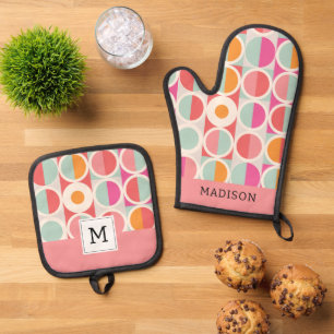 Pink Orange Blue Geometric Pattern Oven Mitt & Pot Holder Set