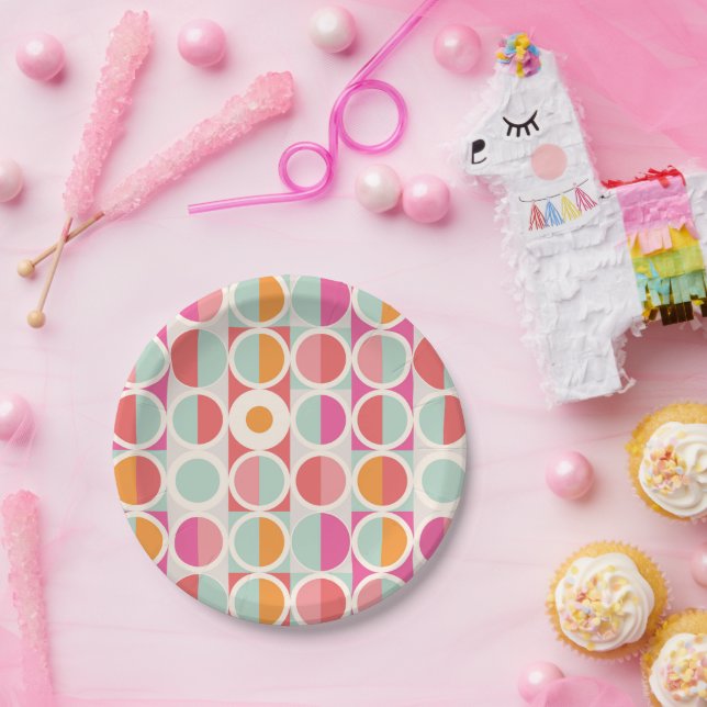 Pink Orange Blue Geometric Pattern Paper Plate (Party)