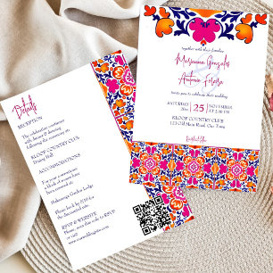Pink orange blue Mexican tiles all in one wedding Invitation