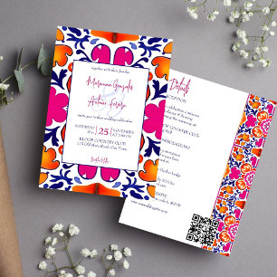 Pink orange blue Mexican tiles all in one wedding Invitation