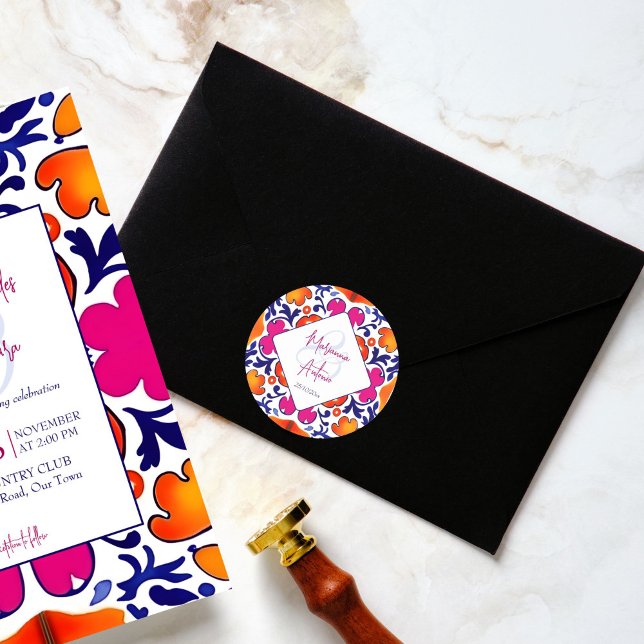Pink orange blue Mexican tiles wedding Classic Round Sticker (Pink orange blue Mexican tiles wedding Sticker bride and groom names wedding stickers Mediterranean)