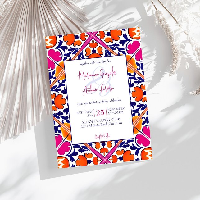 Pink orange blue Mexican tiles wedding Invitation (Pink orange blue Mexican Talavera Azulejo tiles wedding Invitation editable template instant downloa)