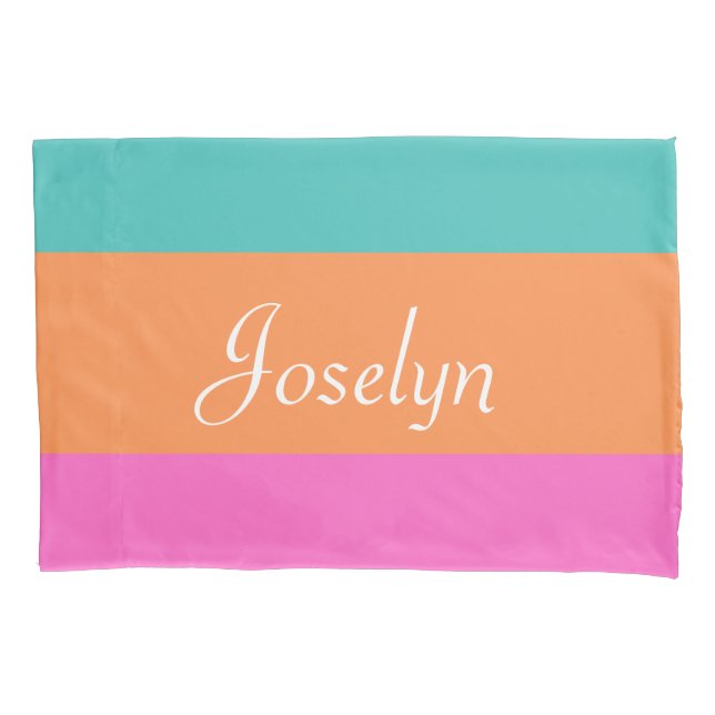 Pink, Orange& Blue Stripes Monogram Name Modern Pillowcase (Front)