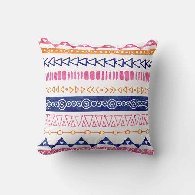 Pink Orange Blue Watercolor Tribal Pillow (Front)