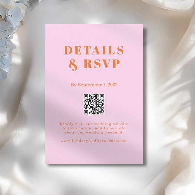 Pink Orange Bold Font QR Code Wedding RSVP  Enclosure Card (Pink Orange Bold Font QR Code Wedding RSVP Enclosure Card)