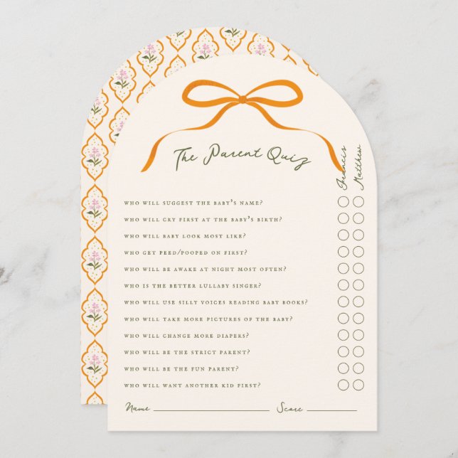 Pink Orange Bow Dainty Wildflowers Parent Quiz Invitation (Front/Back)