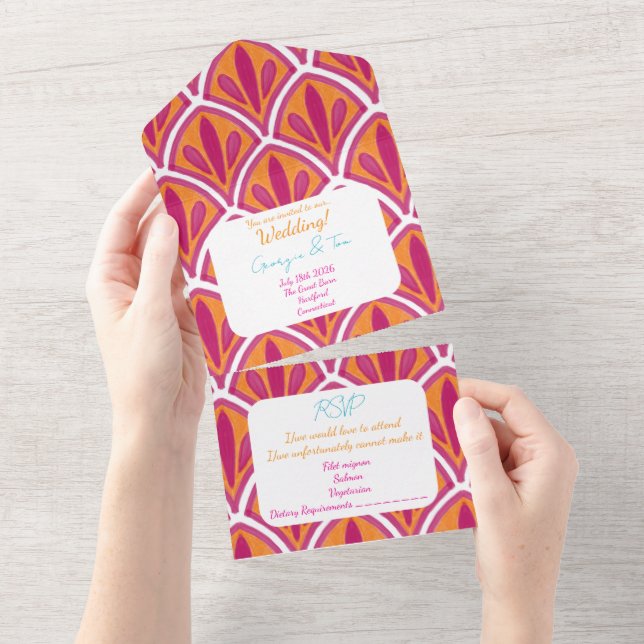 Pink & Orange Bright Colourful Fan Wedding All In One Invitation (Tearaway)