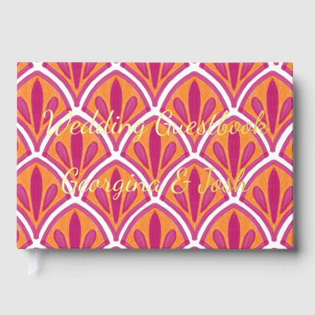 Pink & Orange Bright Colourful Fan Wedding Guest Book (Front)