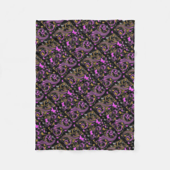 Pink orange butterfly glitter swirl fleece blanket (Front)