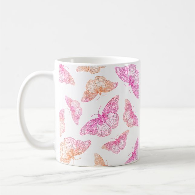 Pink Orange Butterfly Pattern Coffee Mug (Left)