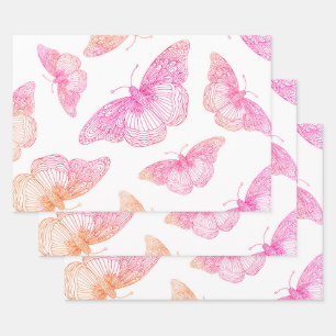 Pink Orange Butterfly Pattern      Wrapping Paper Sheet